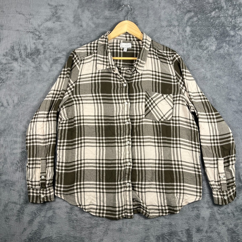 Lucky Brand Flannel Shirt Womens XL Multi Plaid Long Sleeve Pleated Button Up